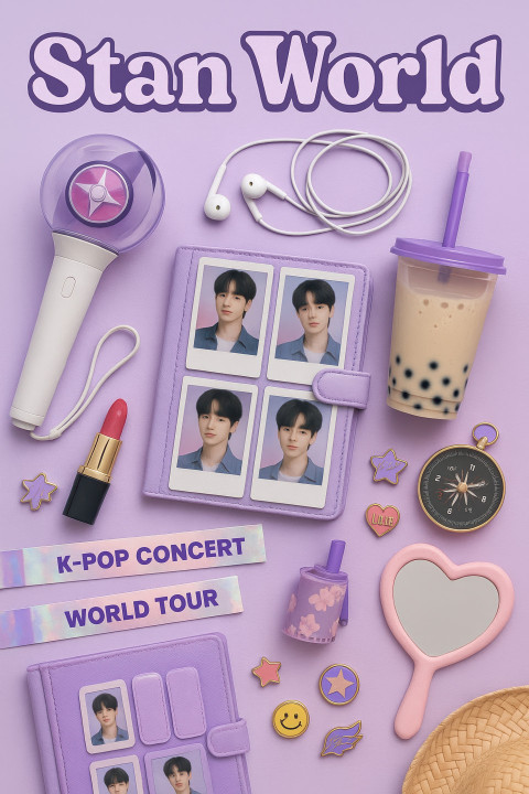 Pastel lavender flat lay with K-Pop items: lightstick Pastel lavender flat lay with K-Pop items: lightstick