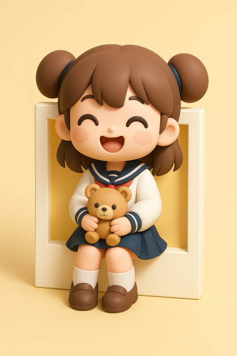 Kawaii 3D schoolgirl in sailor uniform holding teddy bear sits in soft yellow Polaroid frame Kawaii 3D schoolgirl in sailor uniform holding teddy bear sits in soft yellow Polaroid frame