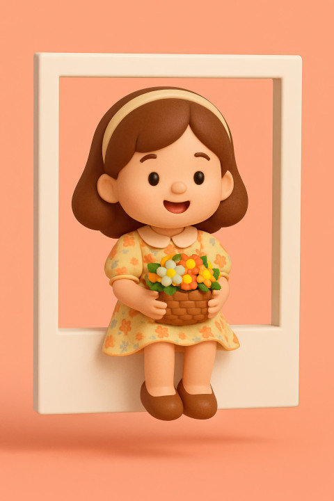 Kawaii 3D woman in floral dress holding flower basket sits in coral Polaroid frame Kawaii 3D woman in floral dress holding flower basket sits in coral Polaroid frame