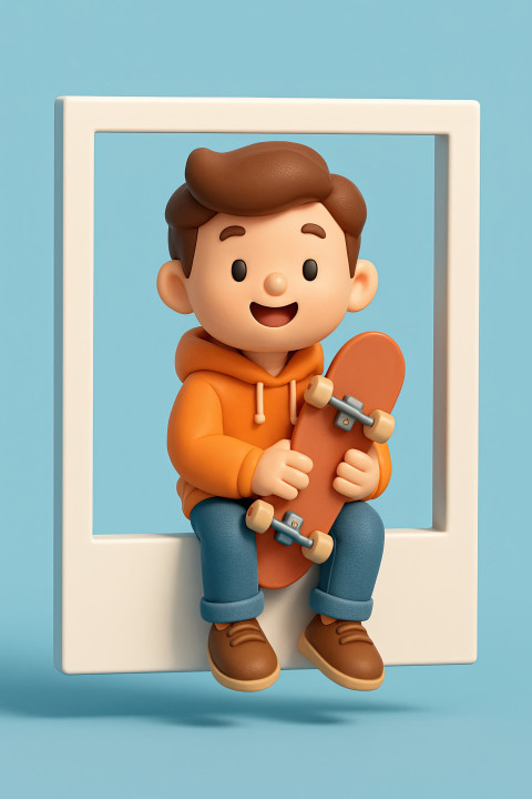 Kawaii 3D young man in hoodie and jeans clutching skateboard sits in sky blue Polaroid frame Kawaii 3D young man in hoodie and jeans clutching skateboard sits in sky blue Polaroid frame