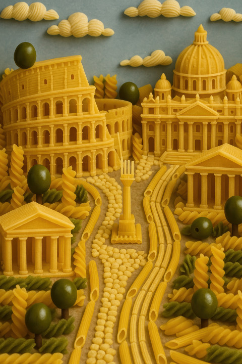 Rome cityscape crafted from pasta and olives with tiny monuments and roads