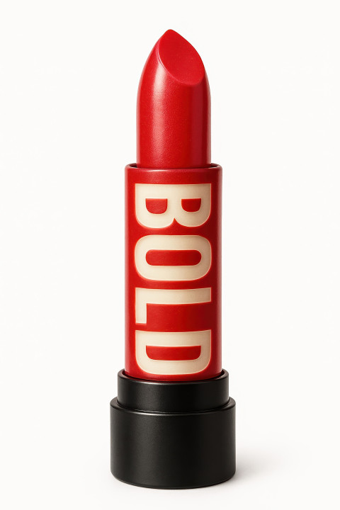 Red lipstick standing vertical with BOLD carved in