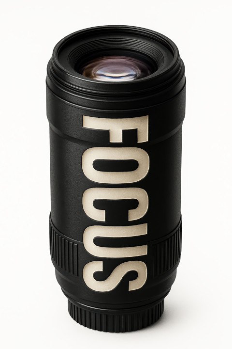 Black camera lens with FOCUS carved through it