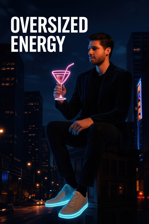 Stylish oversized man in velvet jacket sits on glowing city billboard at night Stylish oversized man in velvet jacket sits on glowing city billboard at night