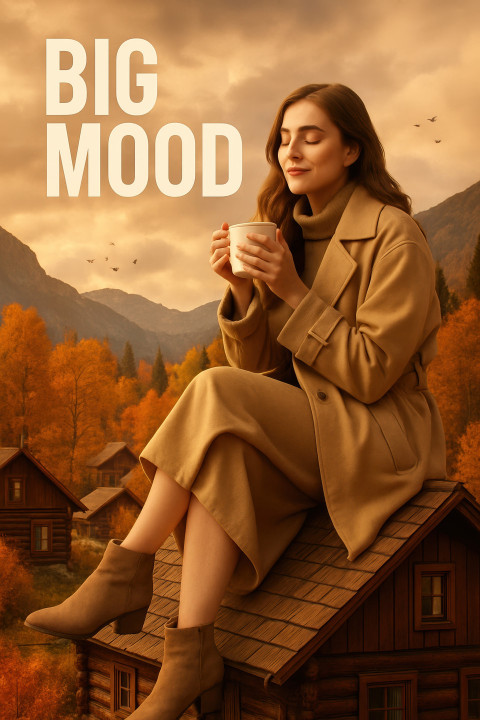 Oversized woman in trench coat sits calmly on autumn cabin rooftop Oversized woman in trench coat sits calmly on autumn cabin rooftop