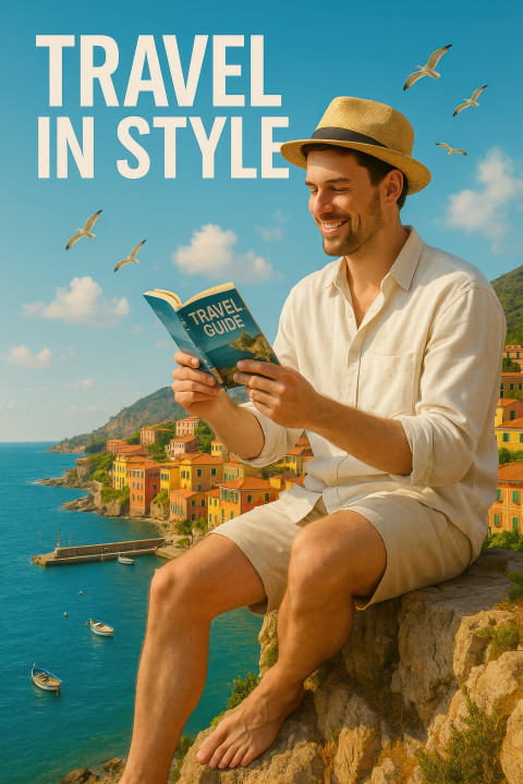 Giant man in straw hat relaxes on cliff by colorful coastal town Giant man in straw hat relaxes on cliff by colorful coastal town