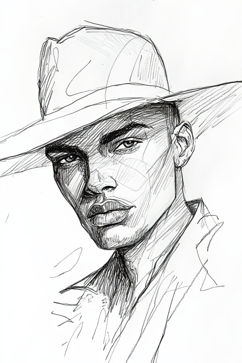 Man in wide-brimmed hat drawn with felt pen Man in wide-brimmed hat drawn with felt pen