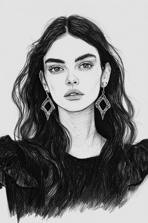 Young woman with chunky earrings in felt pen sketch Young woman with chunky earrings in felt pen sketch