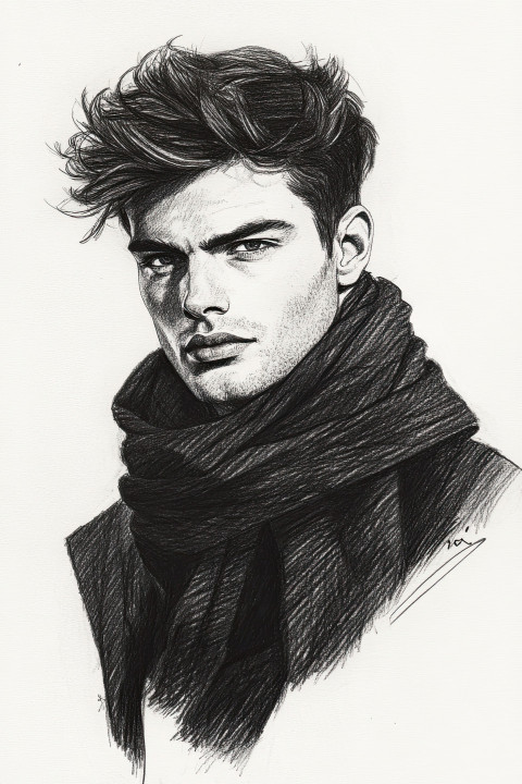 Male model in silk scarf drawn with felt pen Male model in silk scarf drawn with felt pen