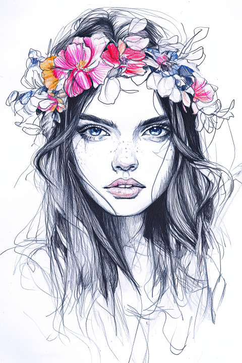 Girl with floral headband drawn in felt pen Girl with floral headband drawn in felt pen