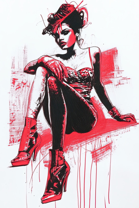 Female model in high heels and gloves drawn in felt pen Female model in high heels and gloves drawn in felt pen