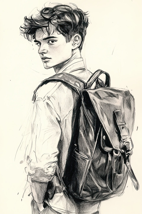 Teen boy with leather backpack drawn in sketch style Teen boy with leather backpack drawn in sketch style