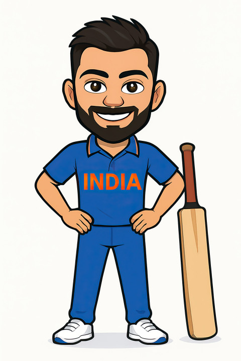 Cartoon of young male cricketer Virat Kohli in Indian jersey Cartoon of young male cricketer Virat Kohli in Indian jersey
