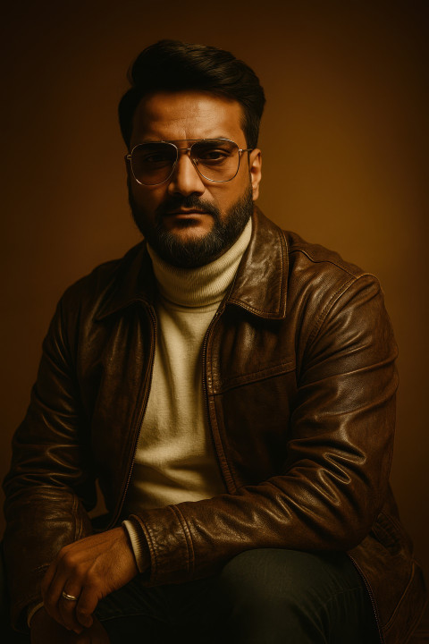 Fair-skinned person in leather jacket over white turtleneck and gold aviators seated with thoughtful gaze on amber background. Cinematic portrait