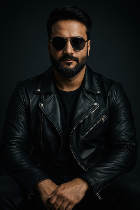 Fair-skinned person in black leather jacket with silver zippers and round aviators seated calmly on charcoal backdrop. Cinematic portrait