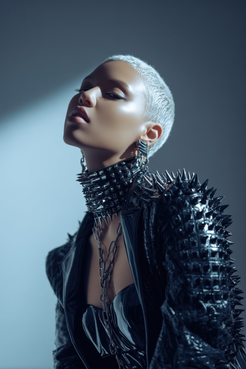 Non-binary model with platinum buzzcut in sculpted latex and spiked gear striking a bold pose. Luxury fashion prompt