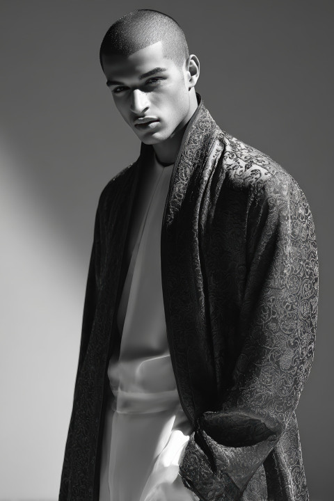 Middle Eastern man in silk embroidered robe and minimalist outfit posing with elegance in soft lighting. Luxury fashion prompt