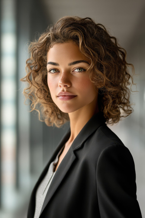 Mature executive woman in corporate outfit standing with soft smile in office setting Mature executive woman in corporate outfit standing with soft smile in office setting