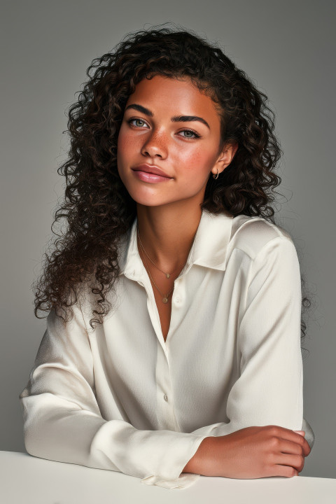 Confident young woman in formal blouse smiling in seated pose on light grey background Confident young woman in formal blouse smiling in seated pose on light grey background