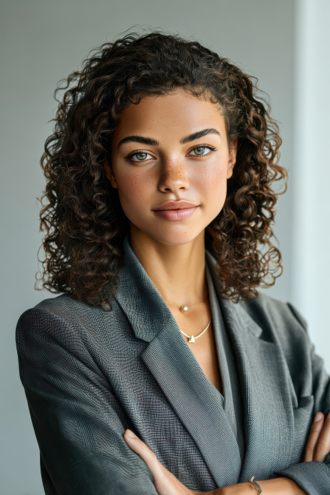 Confident young woman in business wear standing with smile in office background Confident young woman in business wear standing with smile in office background