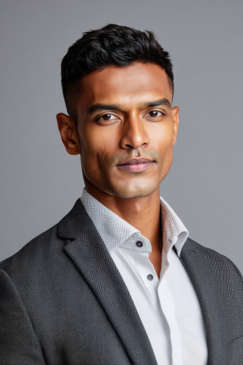 Confident young Indian man in suit smiling in upright pose on light grey background Confident young Indian man in suit smiling in upright pose on light grey background
