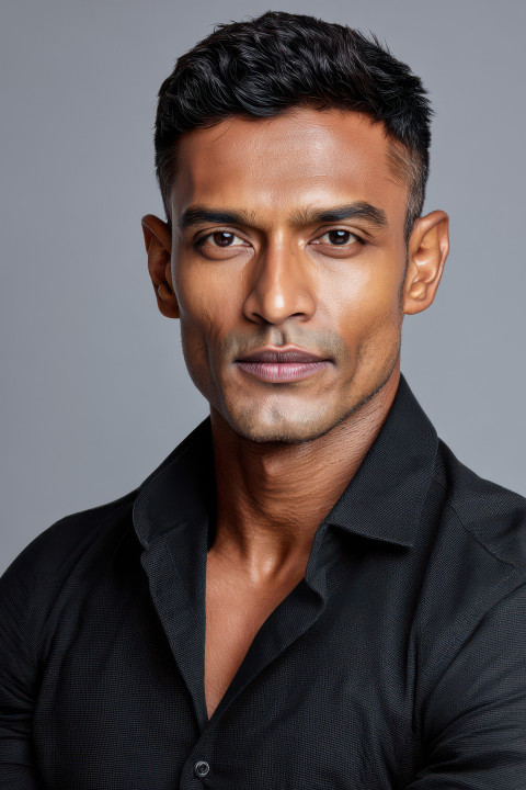 Mature Indian man in formal shirt seated upright on light grey background with calm expression Mature Indian man in formal shirt seated upright on light grey background with calm expression