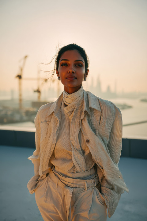 Stylish model in ivory beige fashion posing on rooftop at sunrise with soft light and confident look Stylish model in ivory beige fashion posing on rooftop at sunrise with soft light and confident look