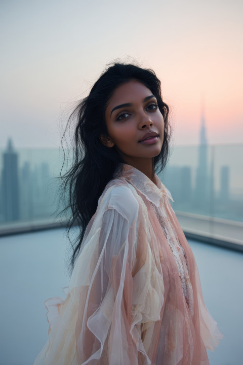 Dreamy model in pastel chiffon posing softly on rooftop at sunrise with glowing light Dreamy model in pastel chiffon posing softly on rooftop at sunrise with glowing light