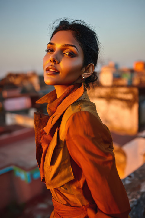 Bold model in orange gold outfit posing on rooftop at dusk with side light and vintage skyline Bold model in orange gold outfit posing on rooftop at dusk with side light and vintage skyline