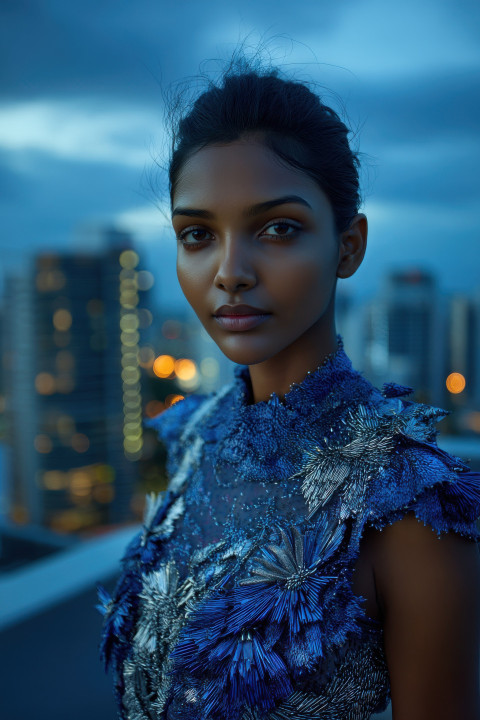 Intense model in sapphire couture outfit on rooftop during blue hour with soft light and moody sky Intense model in sapphire couture outfit on rooftop during blue hour with soft light and moody sky