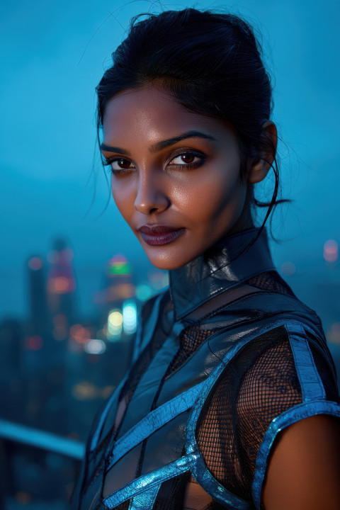 Confident model in charcoal blue leather outfit on rooftop at twilight with bold lighting Confident model in charcoal blue leather outfit on rooftop at twilight with bold lighting