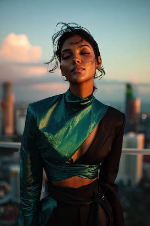 Model in emerald black avant-garde outfit standing on rooftop at golden hour with relaxed gaze Model in emerald black avant-garde outfit standing on rooftop at golden hour with relaxed gaze