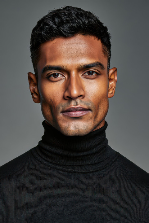Indian man in black turtleneck with sharp features and confident look Indian man in black turtleneck with sharp features and confident look