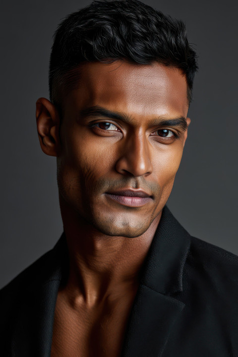 Calm Indian man in suit jacket with relaxed pose on dark gradient background Calm Indian man in suit jacket with relaxed pose on dark gradient background