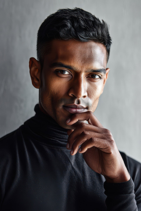 Indian man in black turtleneck gently touching chin Indian man in black turtleneck gently touching chin