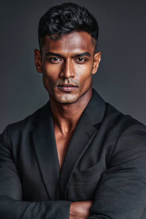 Indian man in modern suit jacket with intense gaze and crossed arms on dark background Indian man in modern suit jacket with intense gaze and crossed arms on dark background
