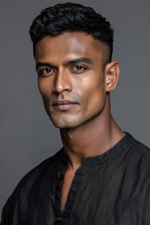 Indian man in kurta with confident face and angled pose on neutral grey Indian man in kurta with confident face and angled pose on neutral grey