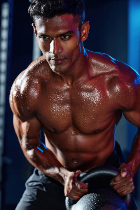 Muscular man mid kettlebell swing in dramatic gym light