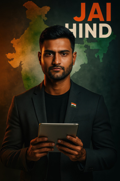 Young innovator with tablet and tricolor lapel pin in tech blazer stands proud before digital India map. Independence Day prompt