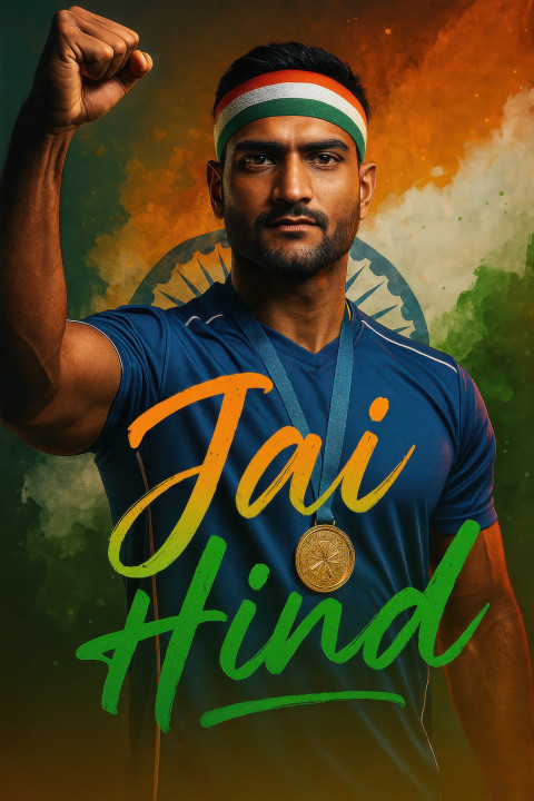 Athlete in jersey with tricolor headband and medal celebrating in front of digital flag backdrop