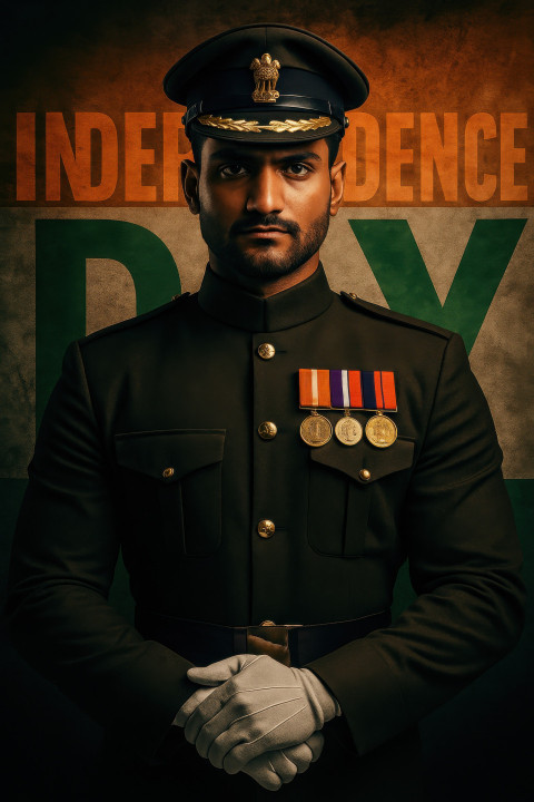 Army officer at parade rest in dress uniform with medals and gloves