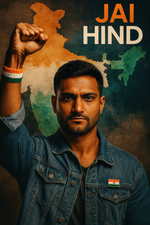 Young activist in denim with tricolor pin raising fist proudly in front of India-themed watercolor