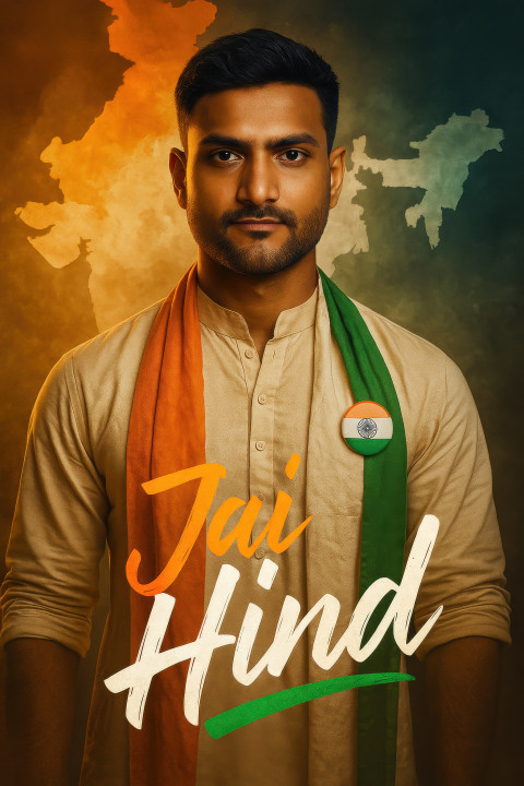 Confident youth in ethnic dress with tricolor scarf and badge
