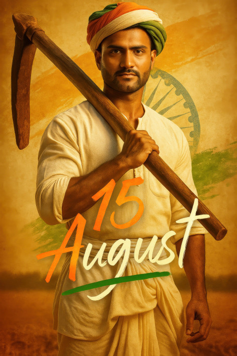 Village hero in white kurta and tricolor turban holding plough