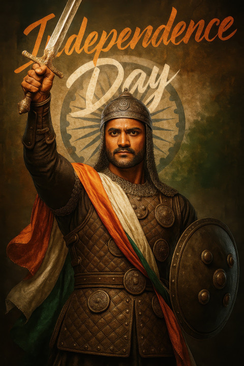 Historical warrior in traditional armor raising sword