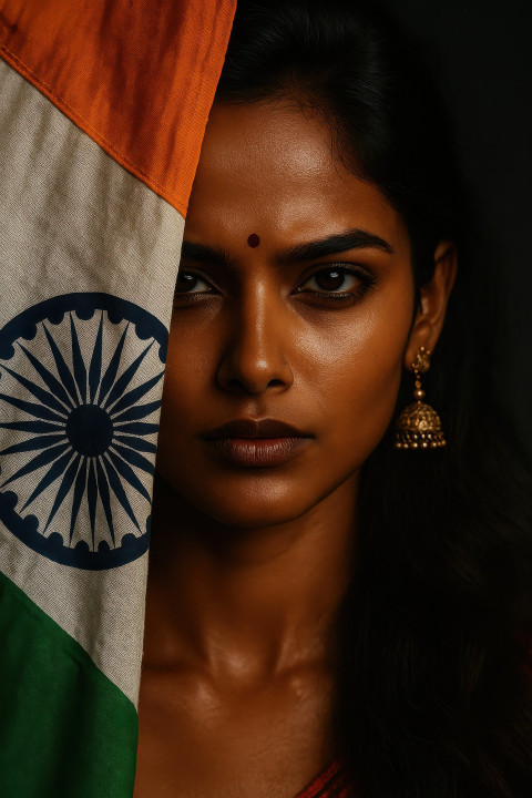 Fierce Indian woman with flag over face
