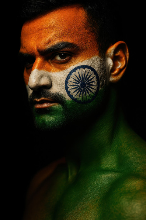 Indian man painted in bright saffron