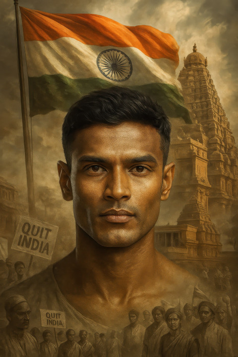 Indian man with strong gaze stands before temple