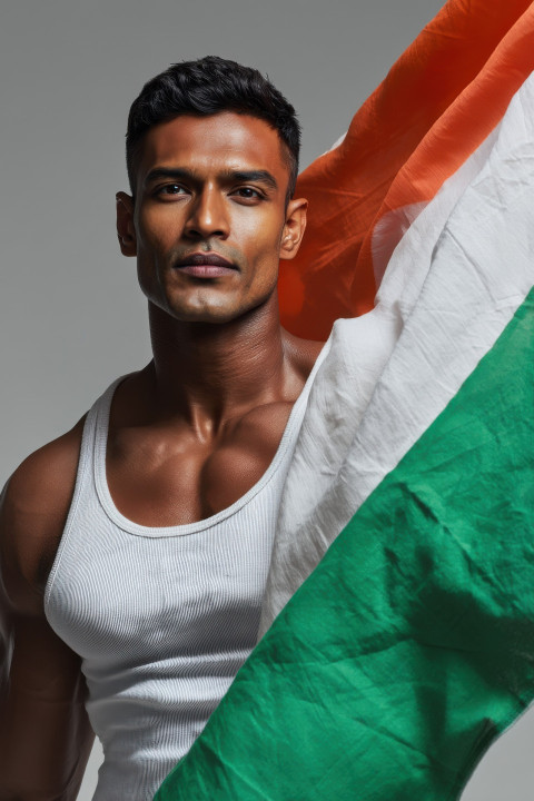 Muscular Indian man in tank top holds flowing flag behind him