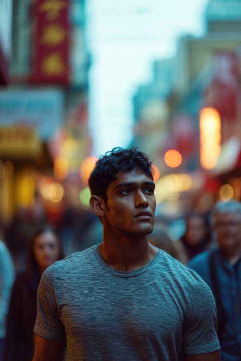 Indian man in streetwear walks twilight-lit Seattle street